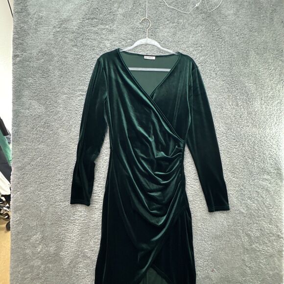 Emerald Velvet Dress Large Cocktail Holiday Elegant Elevated Old Money Stretch - Picture 8 of 16